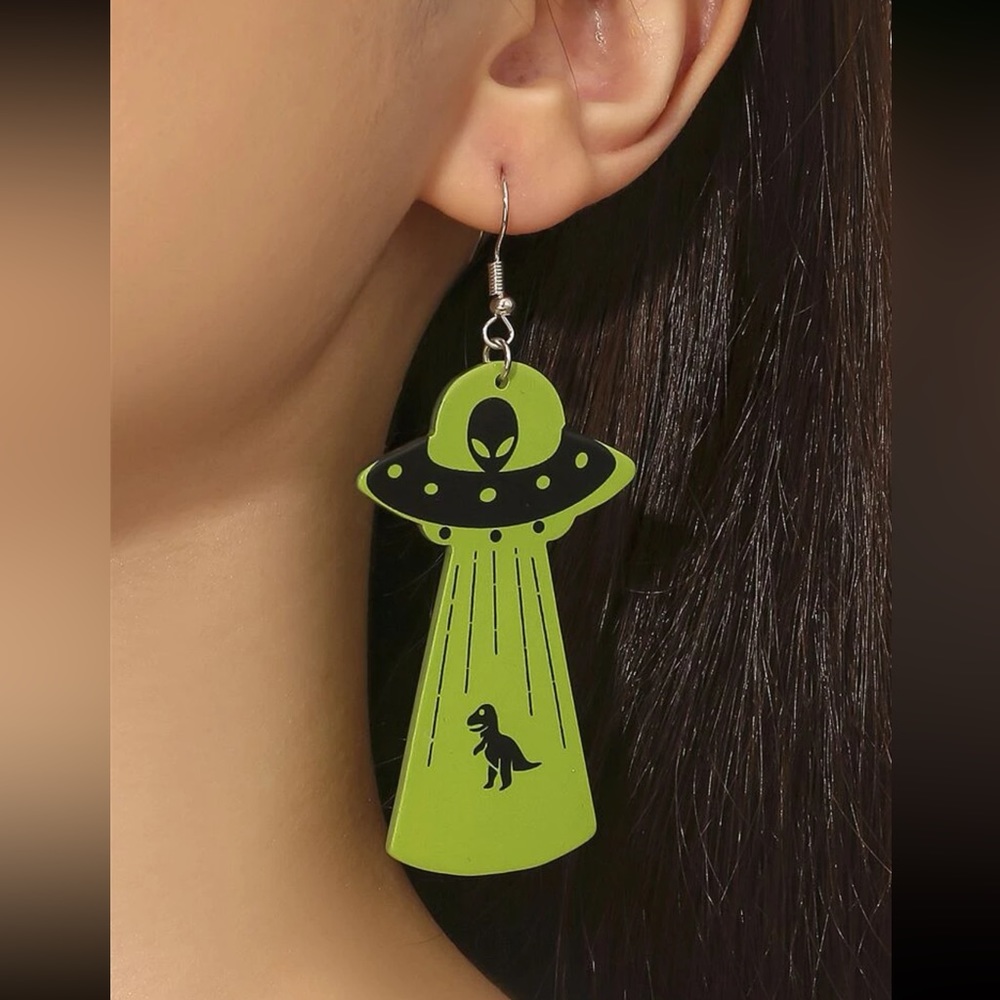 🛸 Awesome UFO Dino Dinosaur T-Rex Tyrannosaurus Rex Beam Drop Earrings 🦖